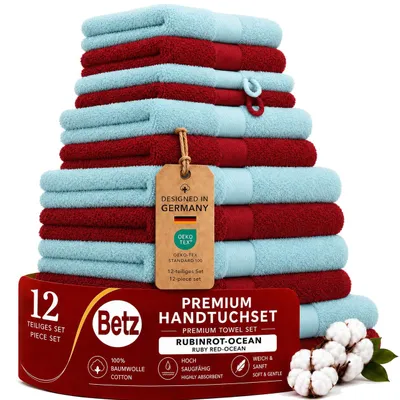 Produktbild von Betz Premium Handtuch-Set 12-teilig –100% Baumwolle –®  –hohe Grammatur – Duschtücher, Handtücher, Gästetücher,WH rubinrot / ocean