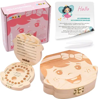 Produktbild von Magicat Premium Milchzahndose Mädchen, Zahndose aus Holz, Dose zur Aufbewahrung von Milchzähnen, Baby Milchzähne Box als Geschenk zum Geburtstag oder Taufe, inkl. Pinzette und Zahnfee Geschichte