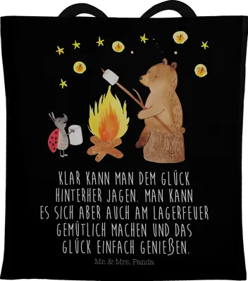Produktbild von Mr. & Mrs. Panda Baumwolltasche Bär & Marienkäfer Lagerfeuer - Schwarz - Geschenk, Beutel, canvas tasche, Teddy, Schultasche, Laptoptasche, Tote Bag