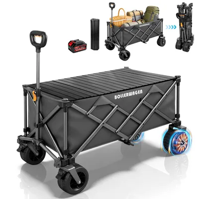 Zdjęcie produktu dla Wózek ręczny elektryczny z składanym stolikiem, szerokimi kołami, akumulatorem 4 Ah, wózek transportowy 105×61×64 cm, wózek kempingowy, 3 biegi, maks. prędkość 5 km/h, idealny do poruszania się z prędkością chodzenia.