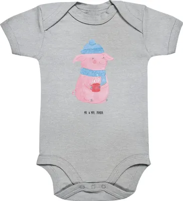 Produktbild von Mr. & Mrs. Panda overall baby Schweinchen Glühwein 3. - 6. Monat - Heather Grey - Geschenk, Babybody, babykleidung body, Strampler, Weihnachten, Kurzarmbody, Spruch
