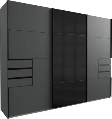 A three-door sliding wardrobe with a graphite exterior and black glass doors.