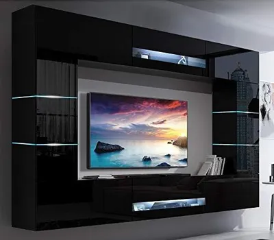 Produktbild von Furnitech Wohnwand Wohnzimmer Schwarz Hochglanz (257cm) - Hängend Wohnwand Modern - Wohnzimmer Schrankwand mit Regale und TV Schrank Möbel ohne LED