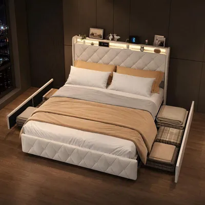 Zdjęcie produktu dla Łóżko tapicerowane ProximaX, 160 x 200 cm, obite welurem, łóżko dwuosobowe z 4 szufladami na kółkach, oświetleniem LED, półką w zagłówku, portami USB i USB-C oraz stelażem