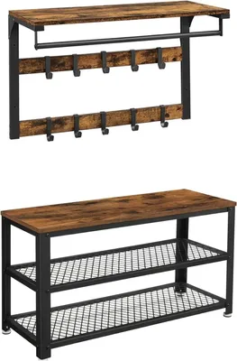 Produktbild von VASAGLE Garderoben-Set 2-teilig mit Wandgarderobe & Schuhbank Flurgarderobe Sitzbank Eingangsbereich Holzoptik Garderobenhaken