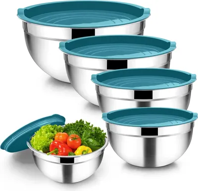 Immagine prodotto di set di 5 pezzi in acciaio inox con ciotole e coperchi blu per la cucina - impilabile e lavabile in lavastoviglie - 45 l 27 l 15 l 12 l 07 l