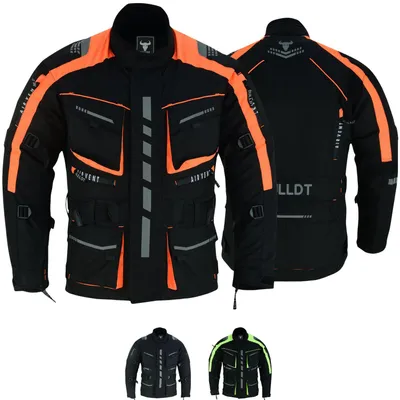 Cordura Herren-Motorradjacke in Neon-Orange, Modell BLD325J, Vorder- und Rückansicht. Ausgestattet mit Protektoren an Schultern, Brust, Ellbogen und Rücken. Mit Fronttaschen, die sowohl mit Druckknöpfen als auch mit einem 3-D-Reißverschluss verschlossen we