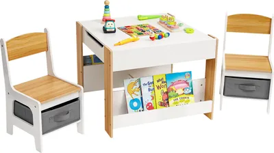 Produktbild von YORBAY Kindersitzgruppe Kindertisch mit 2 Stühlen, Maltisch Mit Kreidetafel, Sitzgruppe für Kinder mit Stauraum, 3tlg, Weiß + Holzfarbe