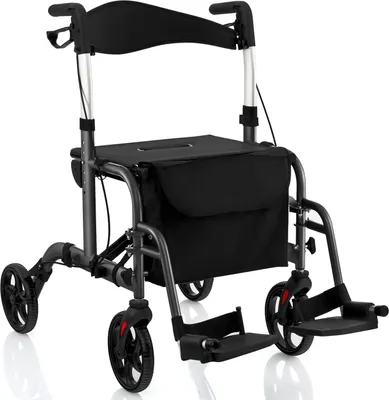 Obrázek produktu pro Rollator skládací lehký, 2 v 1 invalidní vozík cestovní rollator, chodítko 6-cestně výškově nastavitelné, pomůcka pro chůzi s 2 brzdami držák na hůl, taška, hliníková slitina do 136 kg (černá)