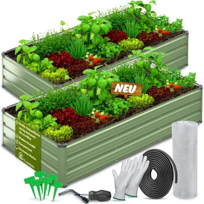 Produktbild von TTL GARDEN Meadow L Flat Hochbeet 2er Set 180x90x30cm Metall Salbei Grün verzinkt