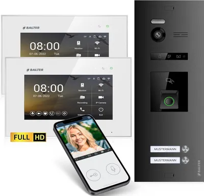 Produktbild von HD Video Türsprechanlage mit Fingerprint RFID und Smartphone App für 2 Familienhaus, 2x Monitore, Balter EVO HD Fingerprint
