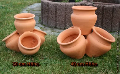 Two terracotta planters of different sizes are displayed on a grassy lawn, with a stone border in the background. Text indicates the sizes of the planters.