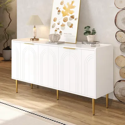 Produktbild von Merax Sideboard mit 4 Schranktüren und verstellbaren Einlegeböden, Anrichte mit gewölbten Türen und goldenen Eisenbeinen, modernes  Kommode Weiß