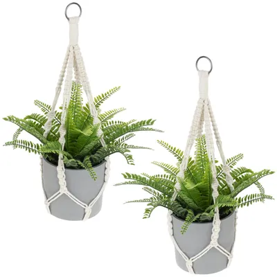Image de 2 suspensions pour plantes en macramé, corde en coton pour suspendre des pots de fleurs, décoration bohème, pot suspendu de couleur beige pour l'intérieur et l'extérieur, jardin, salon, balcon, fenêtre, décoration murale (50 cm)