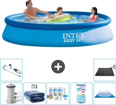 Produktbild von Intex runder aufblasbarer Easy Set-Schwimmpool – 366 x 76 cm – Blau – inklusive Pumpe Sonnensegel - Wartungspaket - Filter - Bodenplane - Staubsauger - Solarmatte