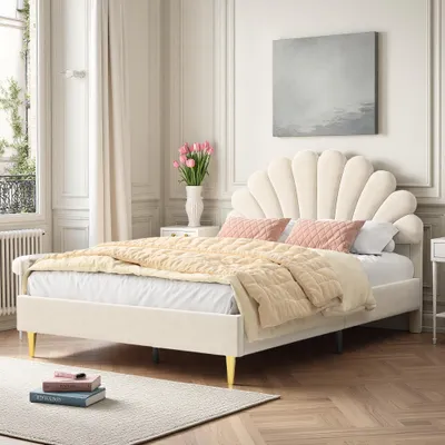 Obrázek produktu pro ProximaX Elegantní manželská postel 140x200 cm v béžové sametové barvě s čalouněným čelem ve tvaru květu - Měkká čalouněná postel s pevným rámem a moderním designem pro stylové ložnice