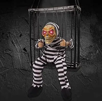 Produktbild von Gruselige animierte Halloween-Hängedekorationen – schreiender Halloween-Gefangener mit Bewegungsmelder und Totenkopfkäfig und leuchtenden Augen für Halloween-Partydekorationen für drinnen und draußen, Spukhaus-Dekorationen