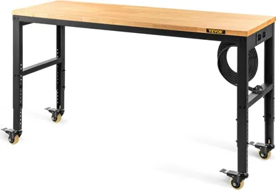 Image de Établi réglable en hauteur, 122 cm L x 61 cm P x 104 cm H Table de garage avec hauteur réglable de 79 à 104 cm et capacité de 720 kg, avec prises électriques, plateau en bois dur, structure métallique et roulettes pivotantes, pour le bureau à domicile