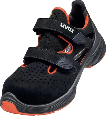 A single black and orange uvex safety sandal is shown against a white background.