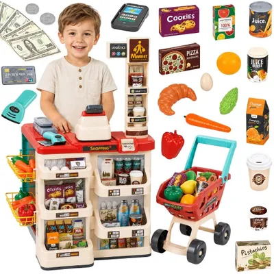 Produktbild von Woopie Supermarkt mit Einkaufswagenwaage, Registrierkassenscanner + 48 Zubehörteilen.