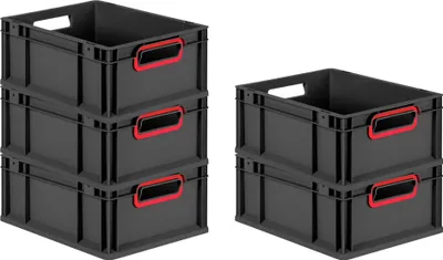 Produktbild von SparSet 5x Eurobox NextGen Color | HxBxT 17x30x40cm | 16 Liter | Griffe rot offen | Schwarz | Eurobehälter, Transportbox, Transportbehälter, Stapelbehälter