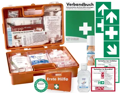 Produktbild von Verbandskoffer (K) Typ CS - INKL. 90° ARR. -Paket 1- Erste Hilfe - akt. DIN 13157 (Betriebe) -DSGVO- INKL. Hygiene-Gel + Sprühpflaster + Aufkleber