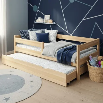 Produktbild von MEBLE WRÓBEL Kinderbett 80x180 cm mit Auszugbett, Rausfallschutz & Lattenrost - Kinder Bett Montessori - Jugendbet aus Kiefer Massivholz Unlackiert - Einzelbett ohne Matratze