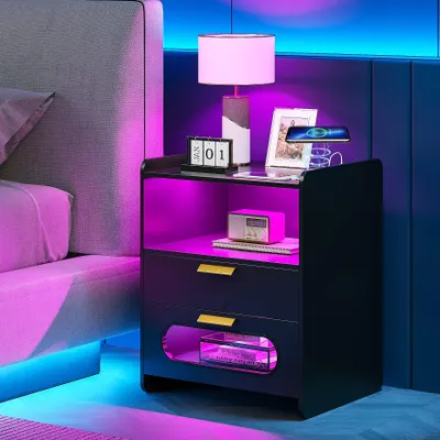 Nachtkastje mit RGB-LED, 2 Schubladen, kabelloses Laden, USB-C