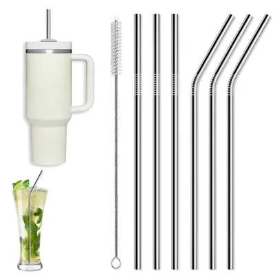 Productafbeelding van RVS-rietjes - Herbruikbaar met reinigingsborsteltje - Geschikt voor warme en koude dranken - 6 stuks (3 rechte + 3 gebogen), 31 cm lang