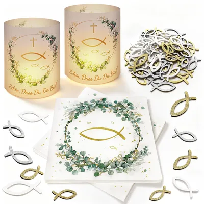 Produktbild von Kommunion Deko-Set - 38-teilig mit 8 Windlichtern für die Tischdekoration