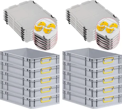 Produktbild von SparSet 10x Eurobox NextGen Color mit Auflagedeckel und Schiebeschnappverschlüsse | HxBxT 12x40x60cm | 23 Liter | Grau | Griffe gelb geschlossen | Glatter Boden | Eurobehälter, Transportbox, Transportbehälter, Stapelbehälter