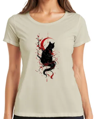 Immagine prodotto di T-shirt da donna, taglia L, con stampa raffigurante un gatto nero, fiori di ciliegio, stile giapponese, ispirato agli anni 2000, ideale per gli amanti dei gatti. Motivo: natura