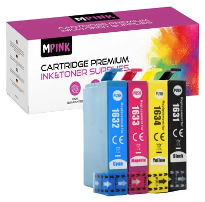 Four ink cartridges are displayed in front of a product box.