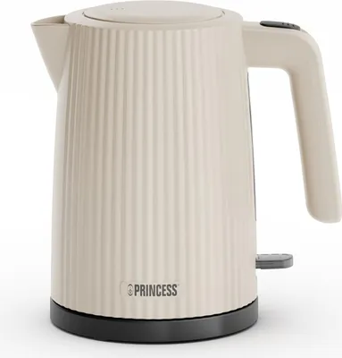 Studio shot of a beige electric kettle.
