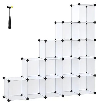 Immagine prodotto di Scaffale a cubo con 16 scomparti, appendiabiti, materiale: PP/ABS, colore: bianco traslucido, dimensioni: 125 x 125 x 31 cm