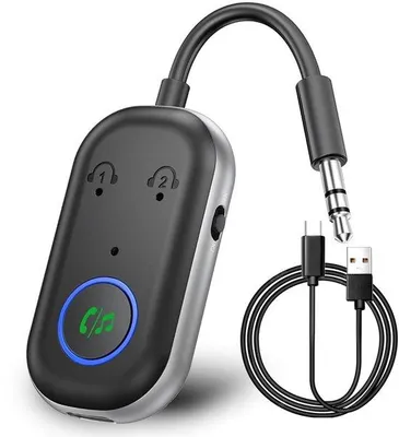 Zdjęcie produktu dla Bluetooth 5.3 nadajnik i odbiornik, 2-in-1 Bluetooth adapter dla samolotów Kompatybilny z 2 AirPodds i bezprzewodowe słuchawki, Bluetooth transmiter 3,5 mm Jack Audio do TV / samolotu / słuchawek