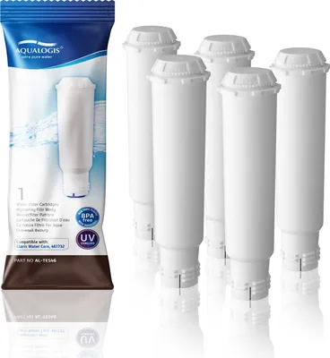 A package of water filter cartridges next to a group of five individual cartridges.