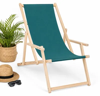 Produktbild von Mucola Strandstuhl mit Armlehnen Strandliege Holz Liegestuhl klappbar Gartenliege Sonnenliege Faltliege - Grün