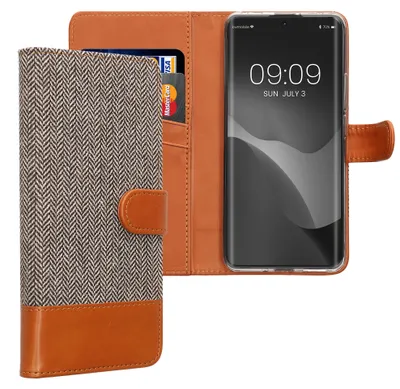 Produktbild von kwmobile Wallet Case kompatibel mit Xiaomi Redmi Note 14 Pro 5G / Poco X7 - Hülle mit Ständer - Handyhülle Kartenfächer Hellgrau Braun