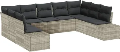 Immagine prodotto di Set da giardino composto da 9 pezzi, con 8 posti a sedere, color grigio chiaro, in rattan sintetico
