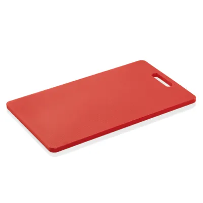 A red cutting board with a handle hole is shown on a white background.