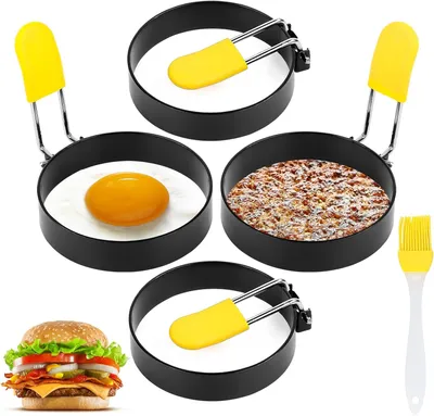 Produktbild von Eierringe - 4 Stück - Edelstahl - Ø 7,5cm - Pfannkuchenringe - Spiegeleiform - Pancake Form - Eierform - für Spiegeleier, Pfannkuchen - inkl. Ölpinsel