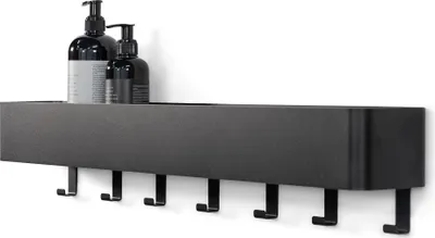Garderobe MULTI 7 Stahl in Schwarz mit sieben Haken und aufgesetzter Ablage, Gesamtansicht von vorne.