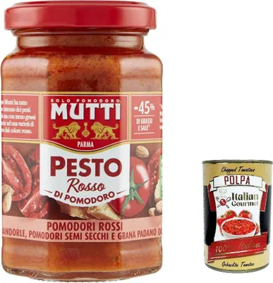 Produktbild von 12x Mutti Pesto Rosso Pomodori Rossi Rotes Tomatenpesto Pasta Sauce 100% italienische Tomate Glas 180g Würzsaucen mit Mandeln, Tomaten, getrockneten Samen und Grana Padano + Italian Gourmet polpa 400g