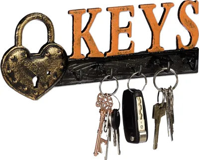 Produktbild von Relaxdays Schlüsselbrett, 5 Haken, Vorhängeschloss & Keys-Schriftzug, Gusseisen, Vintage, HBT 10x26x3 cm, orange/schwarz