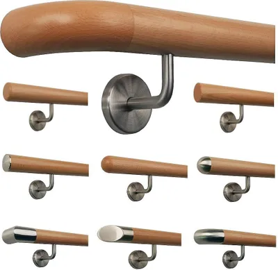 Produktbild von TIBU Buche Holz Handlauf Geländer 0,3m - 5m, Länge 440 cm, Ende Holzkrümmling und 6 gewinkelte Halter