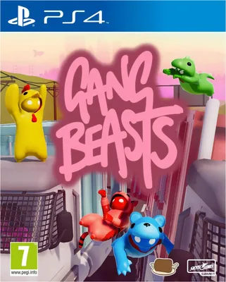 The image is a video game cover for 'Gang Beasts' on PS4, featuring cartoonish characters and the game's title.