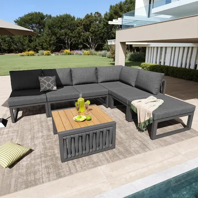 Immagine prodotto di Set da giardino Fliek 7 pezzi, divano angolare con schienale regolabile, set di mobili da balcone Set di mobili da giardino con tavolo alto e tavolino per 6 persone, grigio