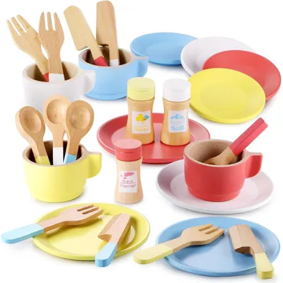 Productafbeelding van Serviesset hout, 27-delig, accessoires voor speelkeuken, honingpot (wit/beige)