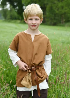 Produktbild von Battle-Merchant Kinder Mittelalter Tunika Linus, kurzarm, beigebraun - Wikinger Hemd Kostüm Größe: 164